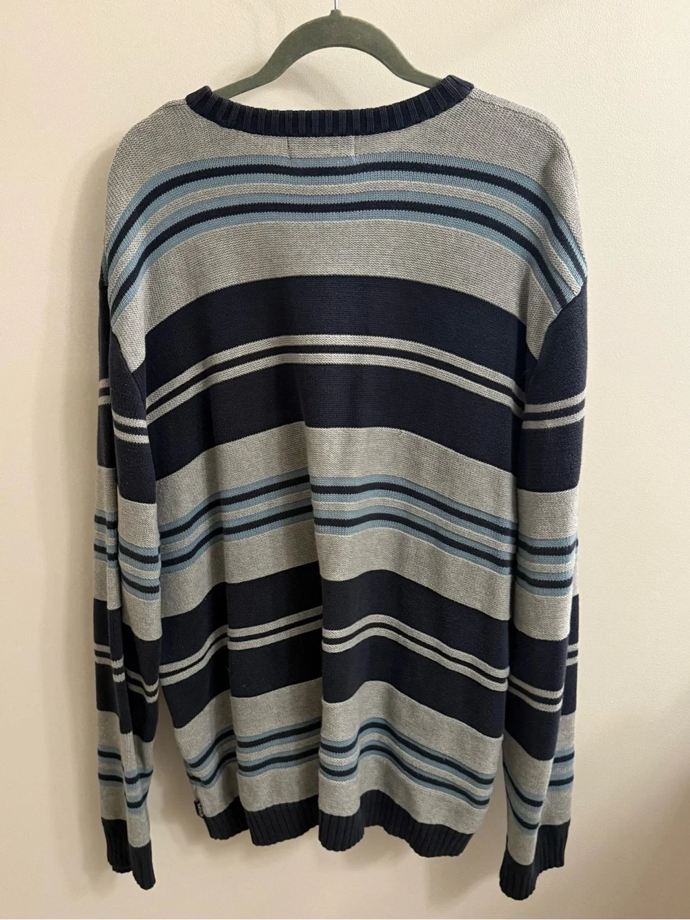 Chaps Men’s Navy, Light Gray & Light Blue Striped Crewneck Sweater